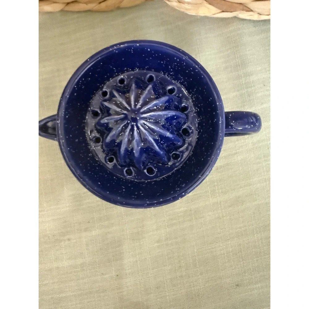 Vintage Rare Blue And White Speckled Ceramic Juicer And Small Pitcher
